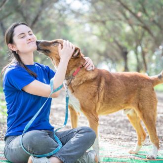 בחורה ששיערה אסוף בקוקו, לובשת חולצה כחולה קצרה ומכנסי ג'ינס, יושבת ישיבה מזרחית, בחורשה מחבקת את ראשו של כלב שעומד מולה. הכלב, חום לבן בגודל בינוני, עומד מולה ומקרב את פניו לפניה. הבחורה מטה ראשה למעלה.