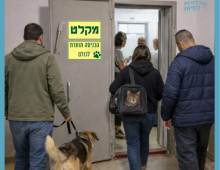 חדר מדרגות ובו דלת מקלט פתוחה ועליה שלט: "הכניסה מותרת לכולם". אדם עם כלב מוחזק ברצועה, אישה עם תיק ובו חתול ואדם במעיל כחול, נכנסים למקלט.