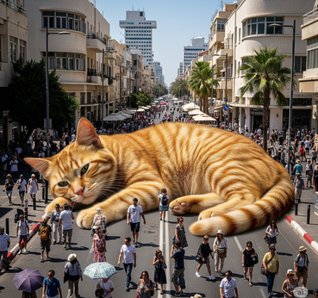 חתול ג'ינג'י ענק שוכב באמצע הרחוב ליד הרבה אנשים שמתעלמים ממנו