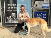 אדם קורע ברך ומחבק את ראשה של כלבה חומה לבנה בגודל בינוני שעומדת צמוד אליו. הם עומדים ליד שער בבית מחסה לכלבים וחתולים.