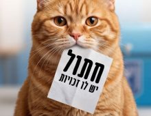 חתול ג'ינג'י אוחז בפיו פתק